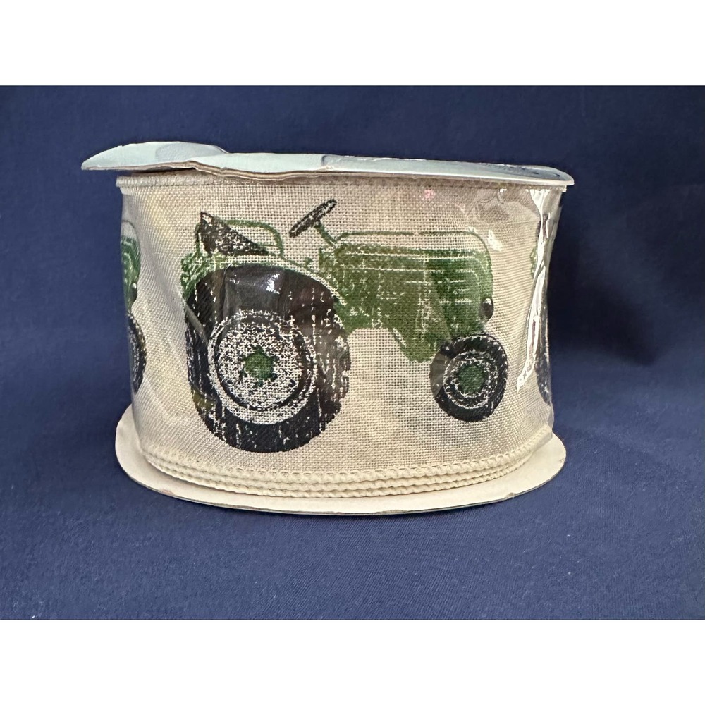 Craft ribbon green Tractor on cream polyester (10 Yards) RG 2.5"